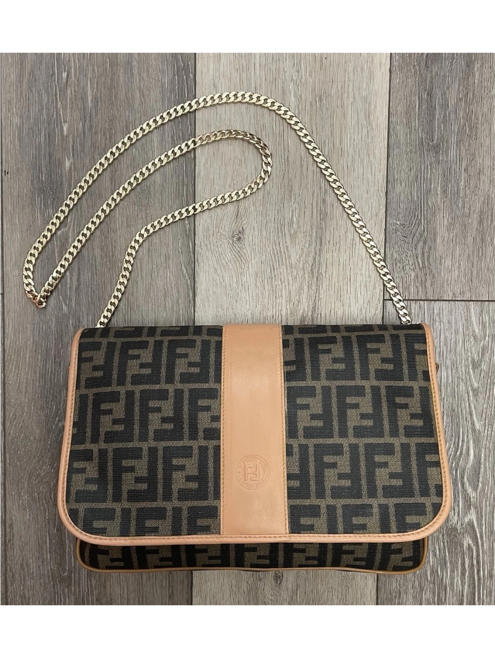 Revamped Vtg Fendi Zucca PVC Vinyl Messenger Flap Gold Chain Strap Crossbody Bag